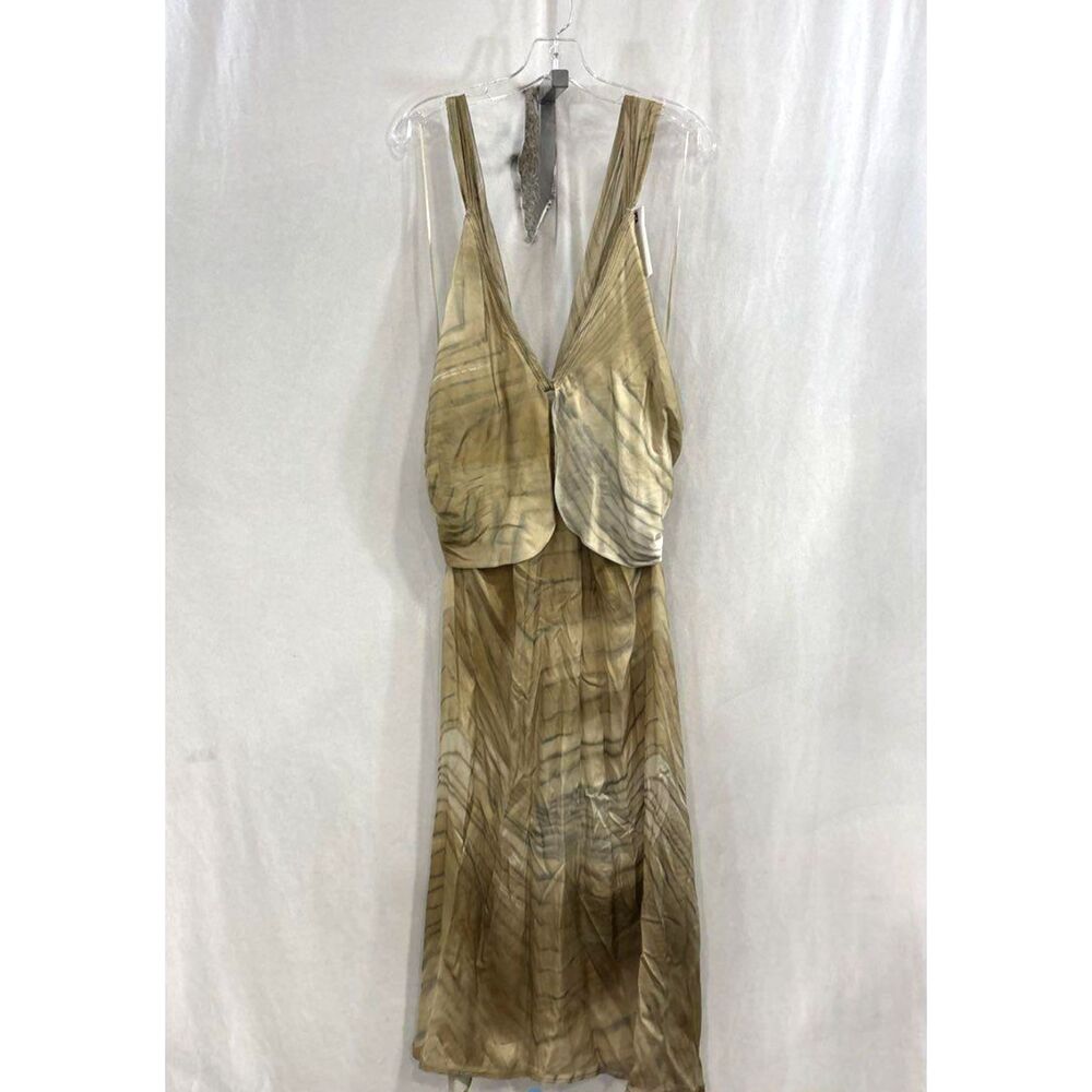 Zara ZW Collection Printed Satin Slip Midi Dress Deep V Neck Earthy Abstract LG
